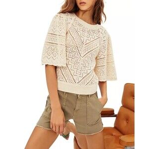 BA&SH Claire Pointelle Bell Sleeve Cotton Eyelet Sweater Off White XS Ribbed EUC